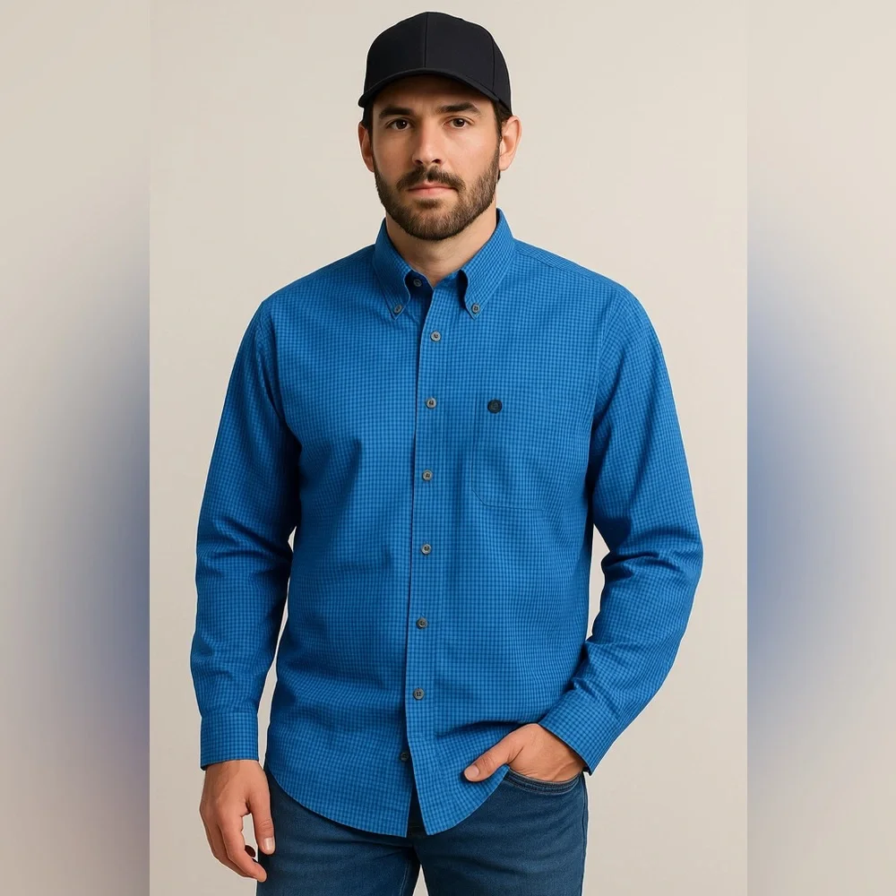 Cinch Men’s Blue Gingham Western Button-Down Shirt 100% Cotton Size XL